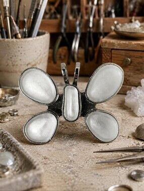 Rebecca Collins Designer Butterfly Pendant Clip Silver Tone Frosted Stones EUC